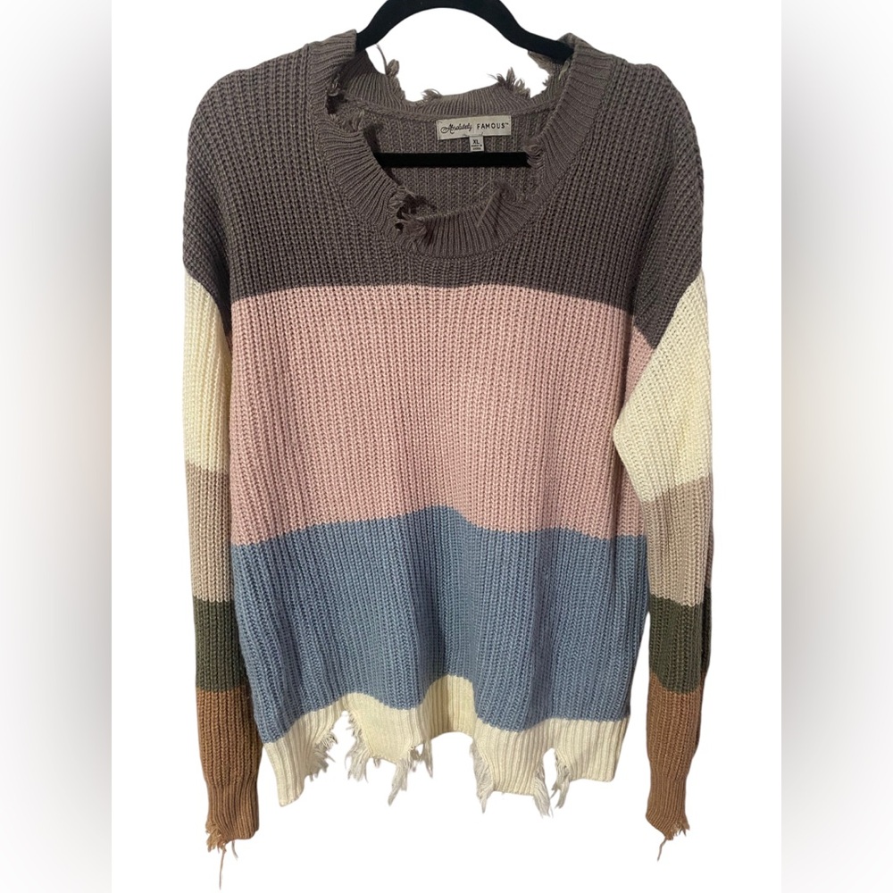 ABSOLUTELY FAMOUS Knit Round Neck Sweater Frayed Stripe Multicolor Size XL